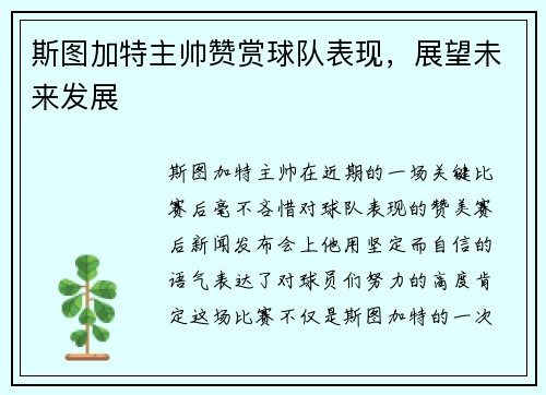 斯图加特主帅赞赏球队表现，展望未来发展