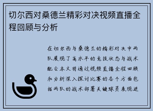 切尔西对桑德兰精彩对决视频直播全程回顾与分析